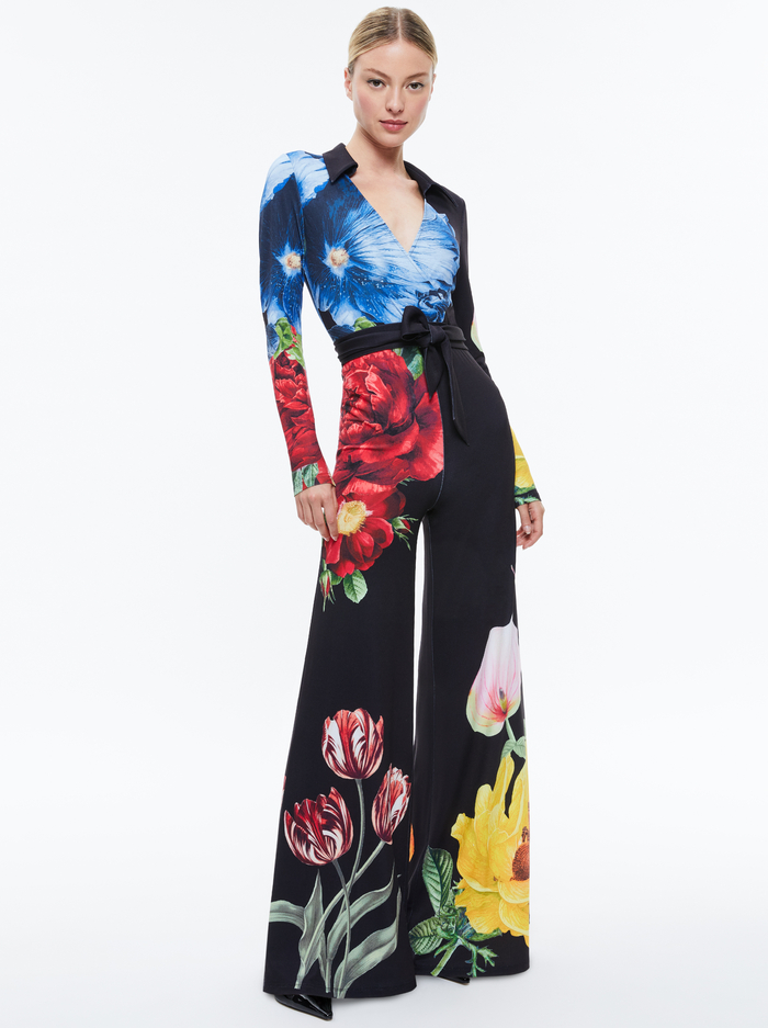 MELINDA WIDE LEG WRAP JUMPSUIT - LE PARISIEN BLACK - Alice And Olivia
