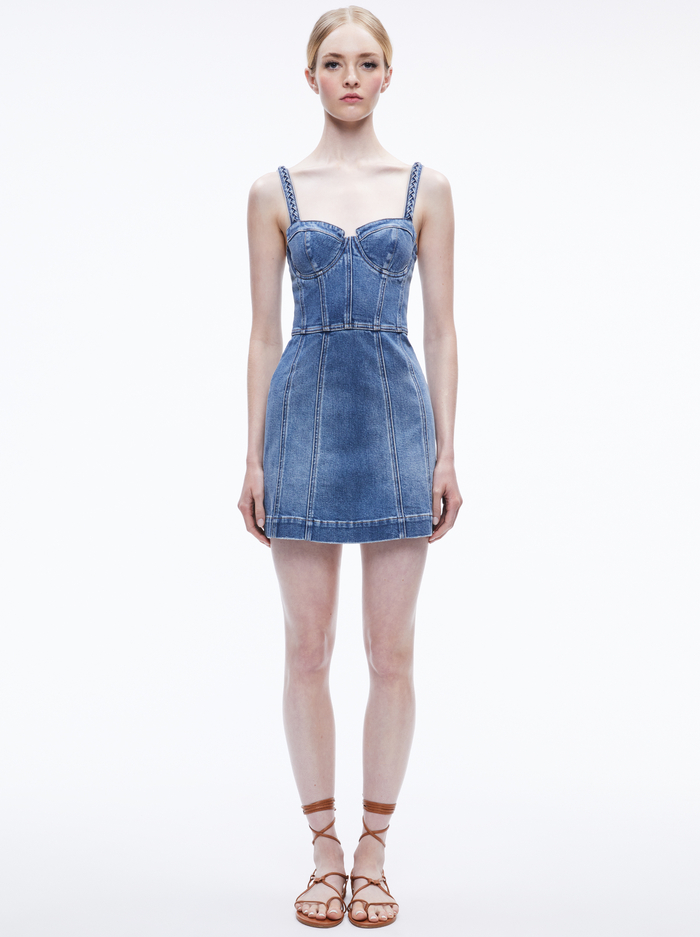 RAYLENE DENIM BUSTIER MINI DRESS - AVERY BLUE - Alice And Olivia