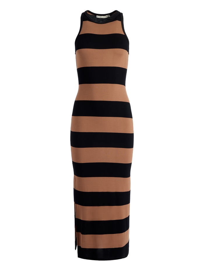 PANIA RACERBACK SIDE SLIT MAXI DRESS - CAMEL/BLACK STRIPE image 5 - Alice And Olivia