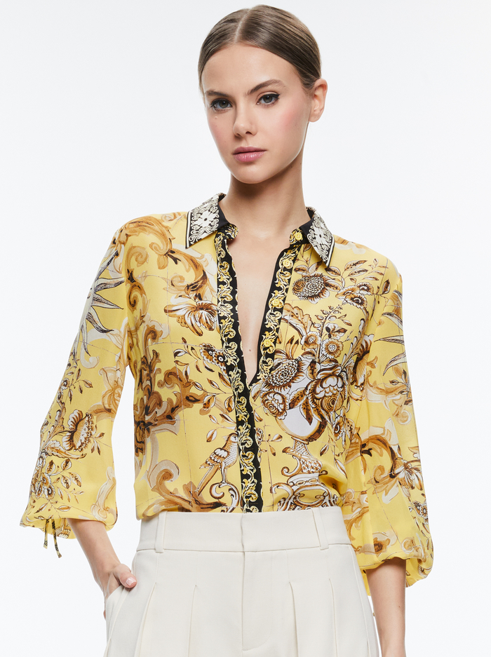 WILLA BLOUSON TIE SLEEVE TOP - LISBOA LEMON MERINGUE - Alice And Olivia