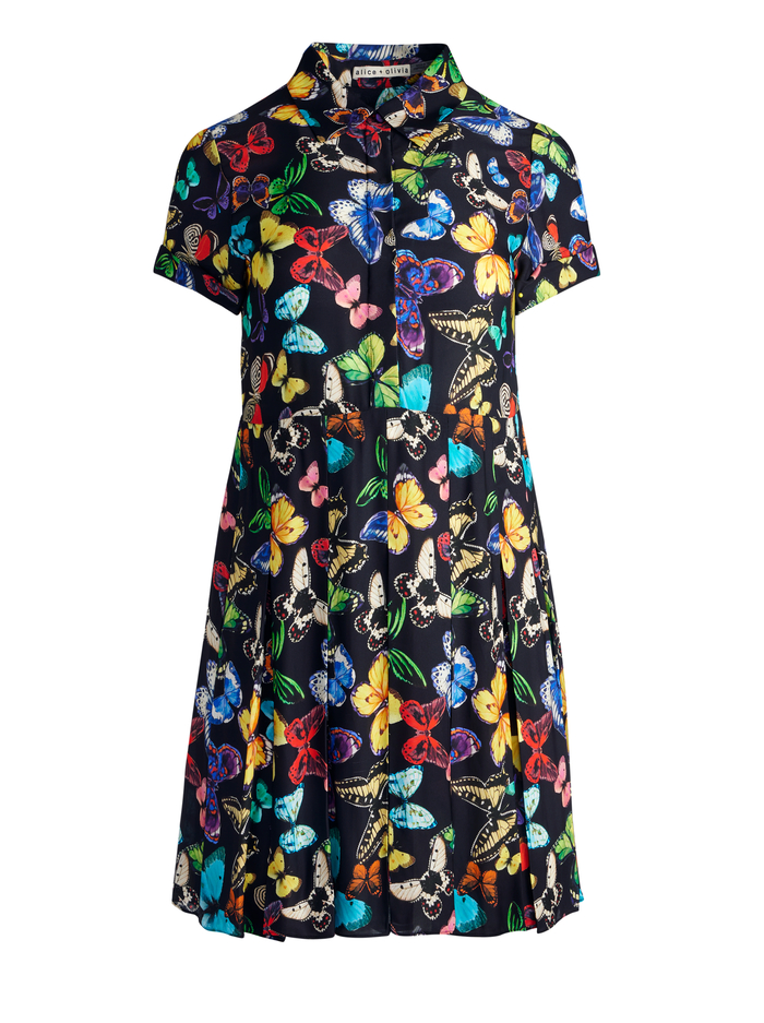 TORI SHORT SLEEVE PLEATED SHIRT DRESS - BUTTERFLY HIGH BLACK image 5 - Alice And Olivia
