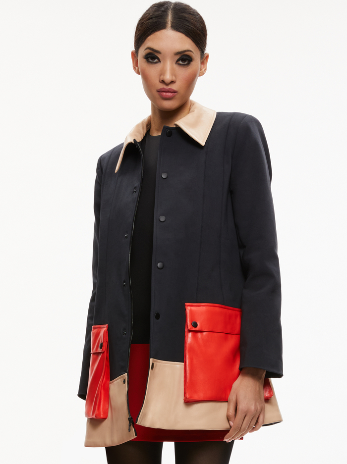 SHONTA COLORBLOCK POCKET JACKET - BLACK/ALMOND/PERFECT RUBY - Alice And Olivia