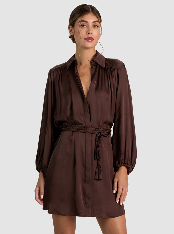 MARGAUX TIE FRONT MINI DRESS - DARK CHOCOLATE image 3 - ALICE + OLIVIA