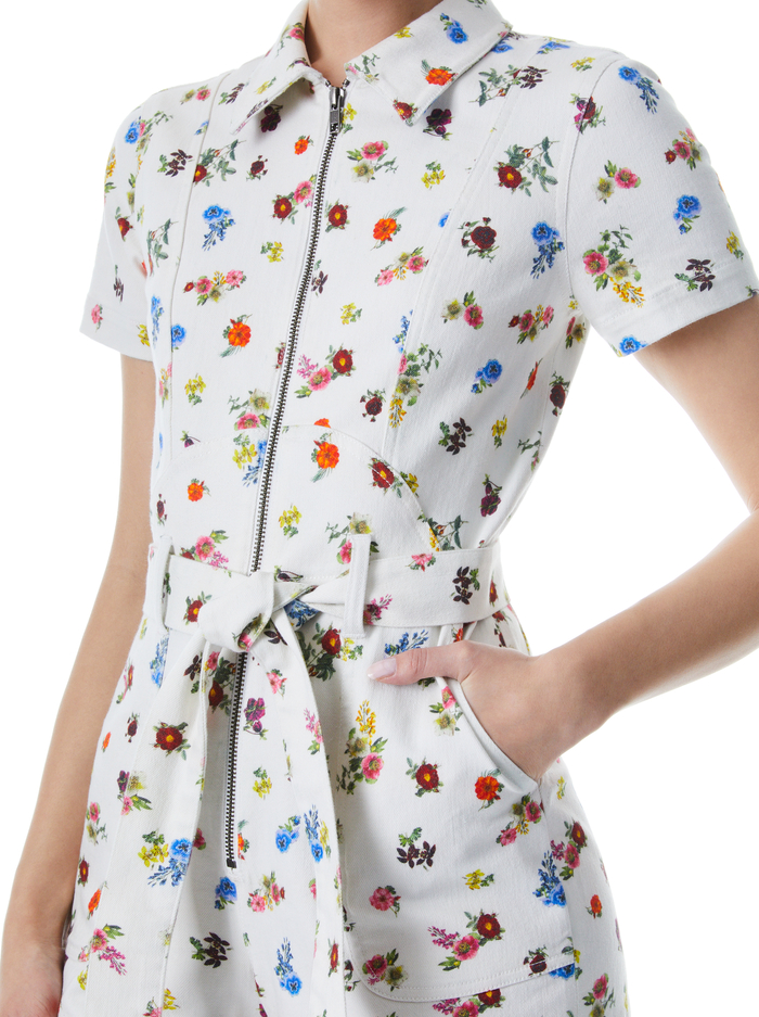 GORGEOUS DENIM ROMPER WITH TIE BELT - OFF WHITE MULTI image 3 - Alice And Olivia