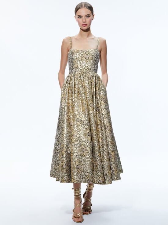 alice and olivia fay midi dress FAY MIDI DRESS in CHAMPAGNE MULTI