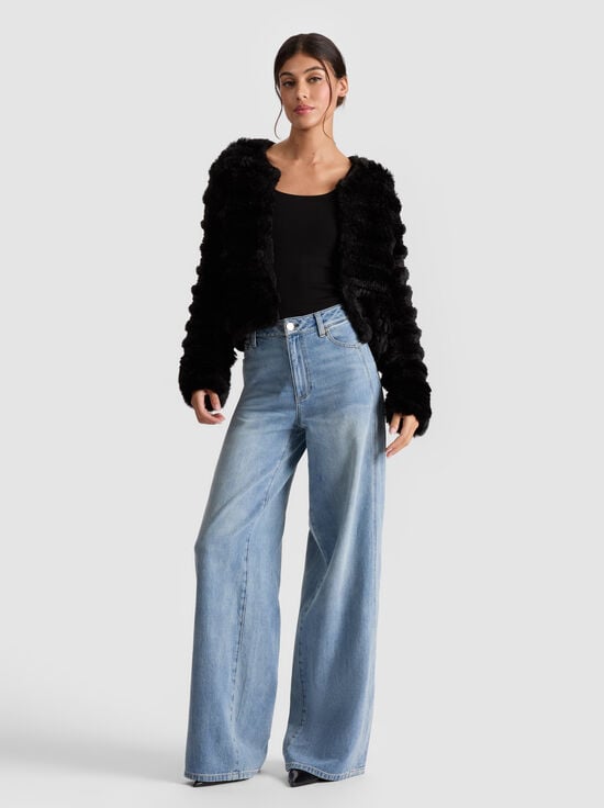 BLACK-FAWN FAUX FUR JACKET