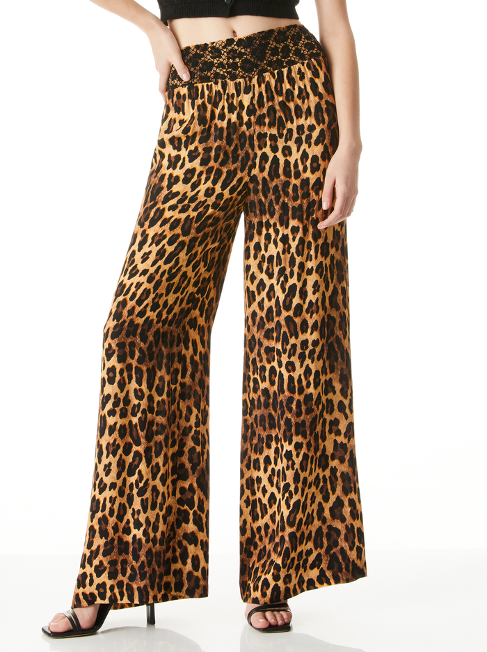 RUSSELL HIGH WAISTED SMOCKED WAISTBAND PANT - SPOTTED LEOPARD DARK TAN - Alice And Olivia