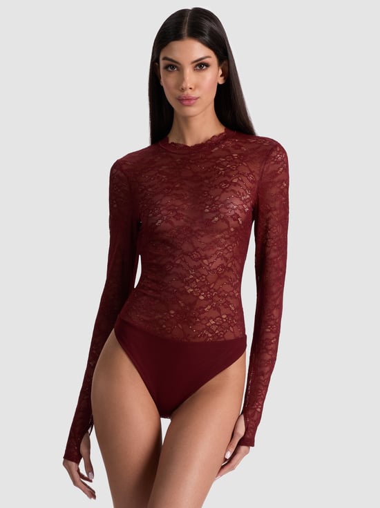 OXBLOOD-TAEYN LACE BODYSUIT