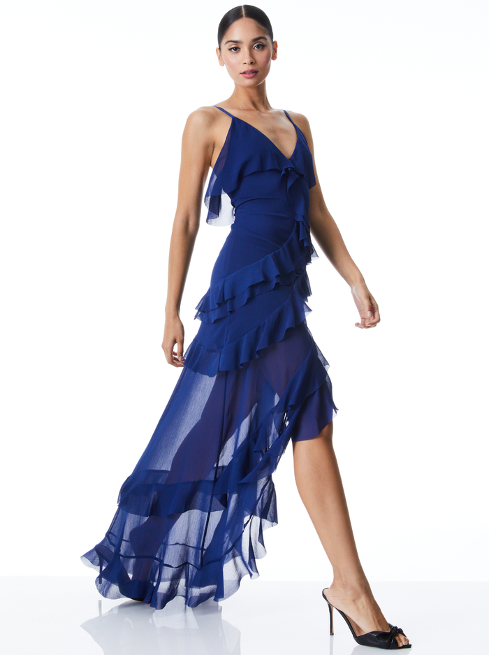 LAVERNE ASYMMETRICAL RUFFLE DRESS - AZURE image 4 - ALICE + OLIVIA