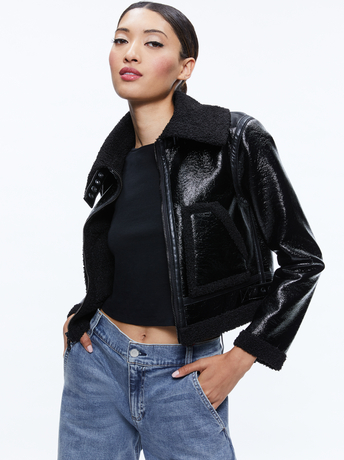 BLACK-ISAIAH VEGAN LEATHER FAUX SHEARLING CROPPED JACKET