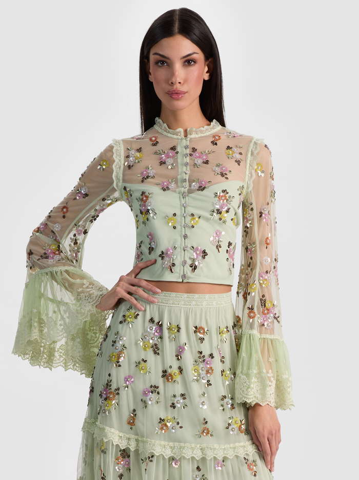 ALLEGRA EMBELLISHED TOP - LIGHT SAGE MULTI - ALICE + OLIVIA