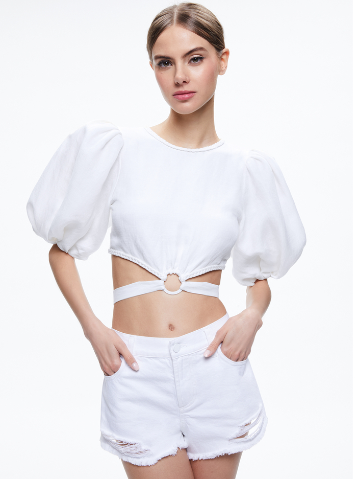 COLETTE TIE PUFF SLEEVE CROP TOP - WHITE - Alice And Olivia