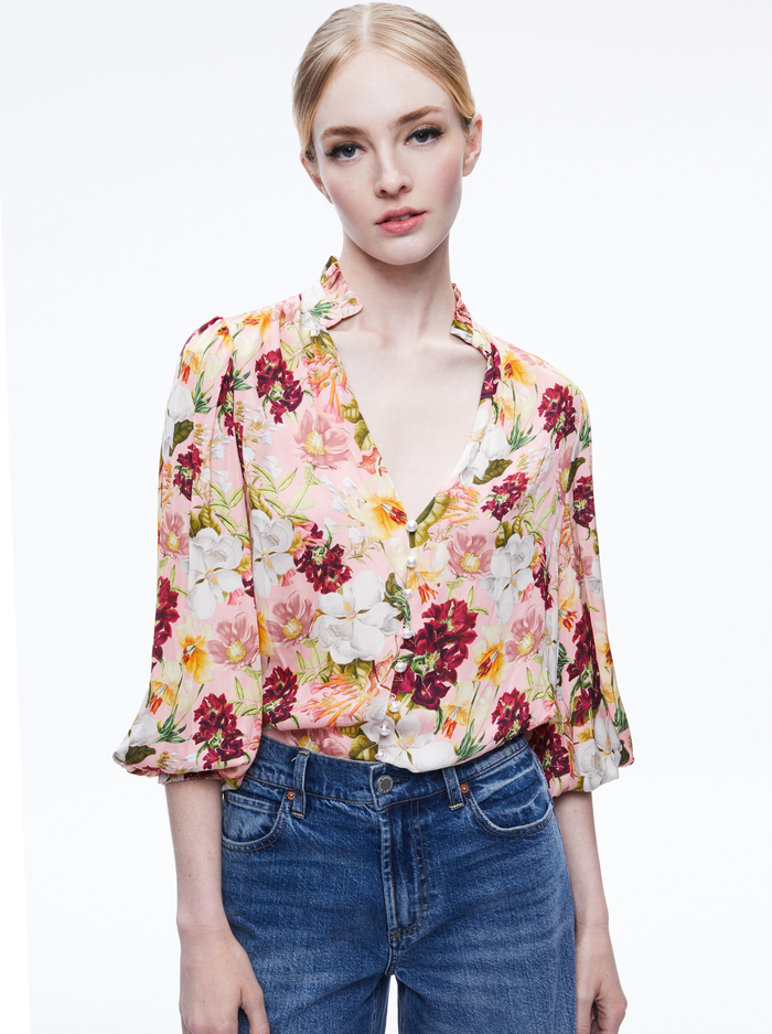 REILLY MANDARIN COLLAR BLOUSE - JUNIPER FLORAL ROSE - Alice And Olivia