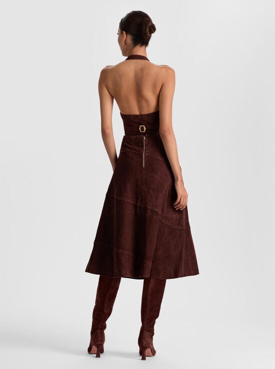 DARK CHOCOLATE-SOSIE SUEDE MIDI SKIRT