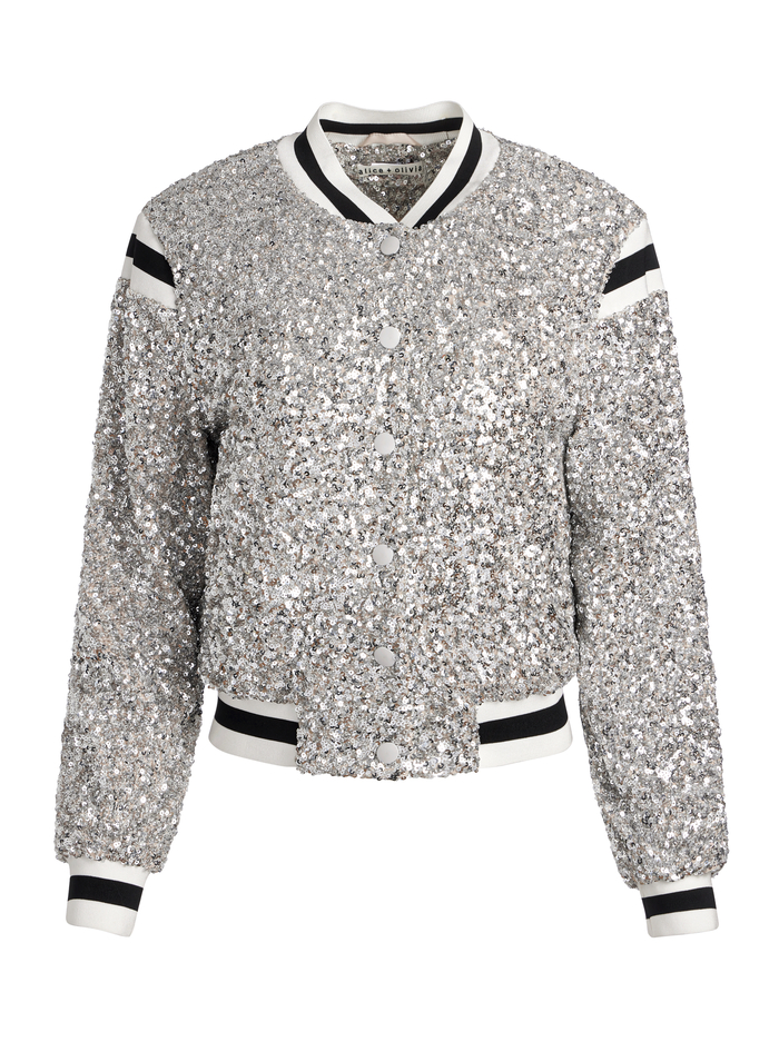 A+O X THE BEATLES KERI VARSITY JACKET - SILVER/WHITE image 6 - Alice And Olivia