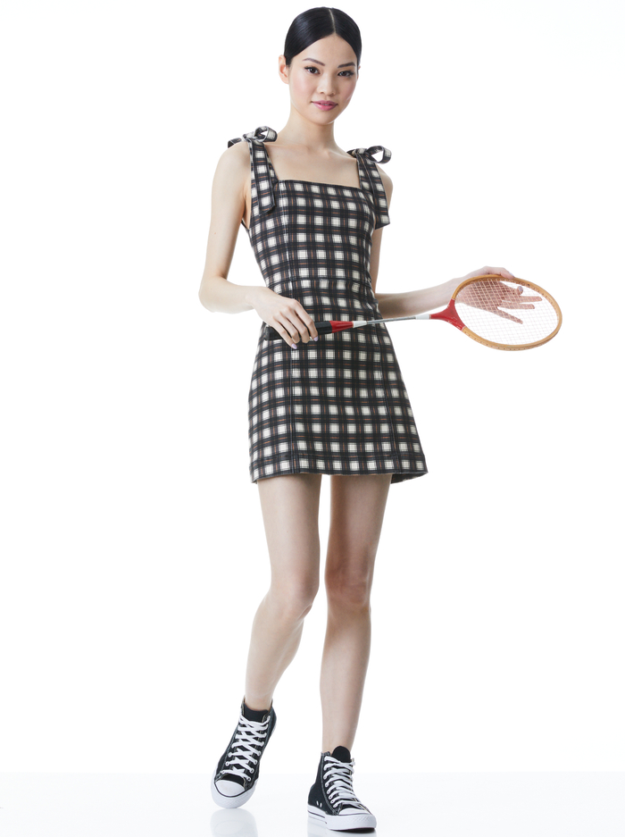 MARYANN PLAID TIE SHOULDER MINI DRESS - SHAW PLAID LG ANTIQUE WHITE image 4 - ALICE + OLIVIA
