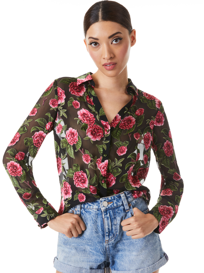 ELOISE BUTTON DOWN BLOUSE - CHERI FLORAL - Alice And Olivia