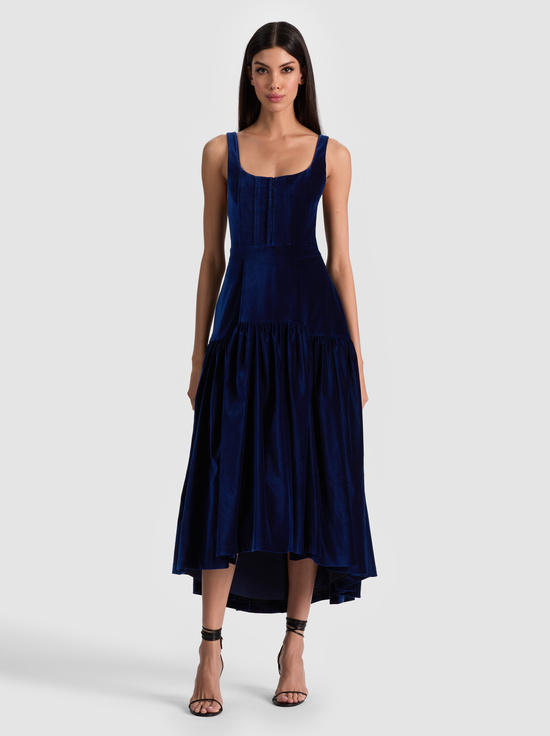 DARK MIDNIGHT BLUE-DIANA VELVET STRUCTURED MIDI DRESS