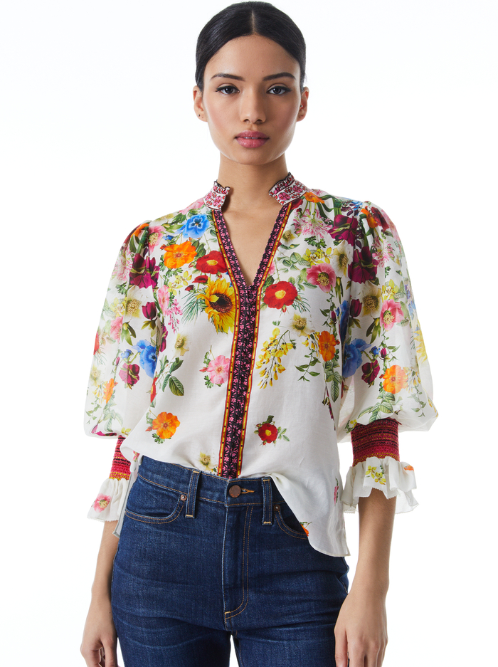 ILAN SMOCKED SLEEVE BUTTON FRONT BLOUSE - SUNDAY STROLL OFF WHITE/MULTI - Alice And Olivia