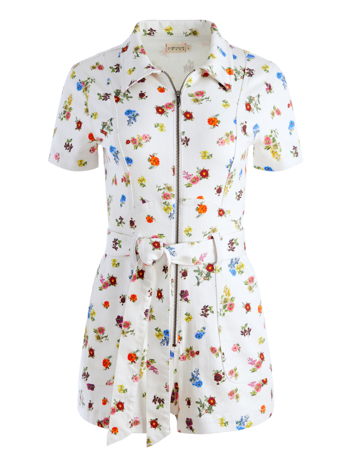 GORGEOUS DENIM ROMPER WITH TIE BELT - OFF WHITE MULTI image 5 - Alice And Olivia