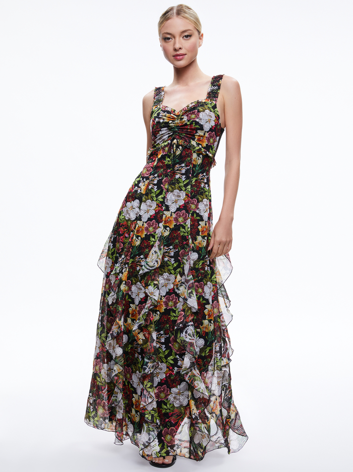 RUE GODET MAXI DRESS - JUNIPER FLORAL BLACK image 4 - Alice And Olivia