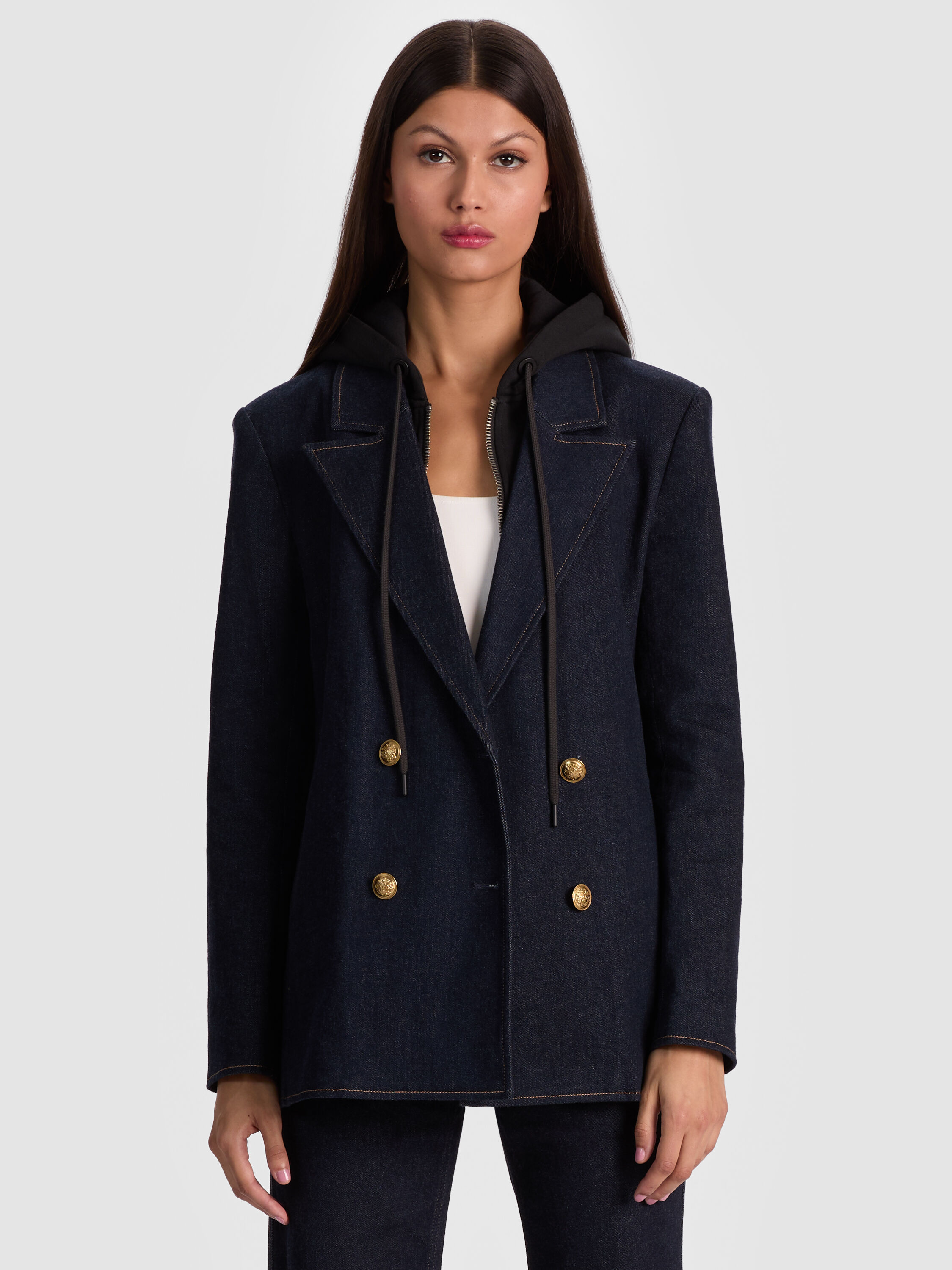 Jordan Denim Blazer With Removable Hoodie In Dark Rinse | Alice +