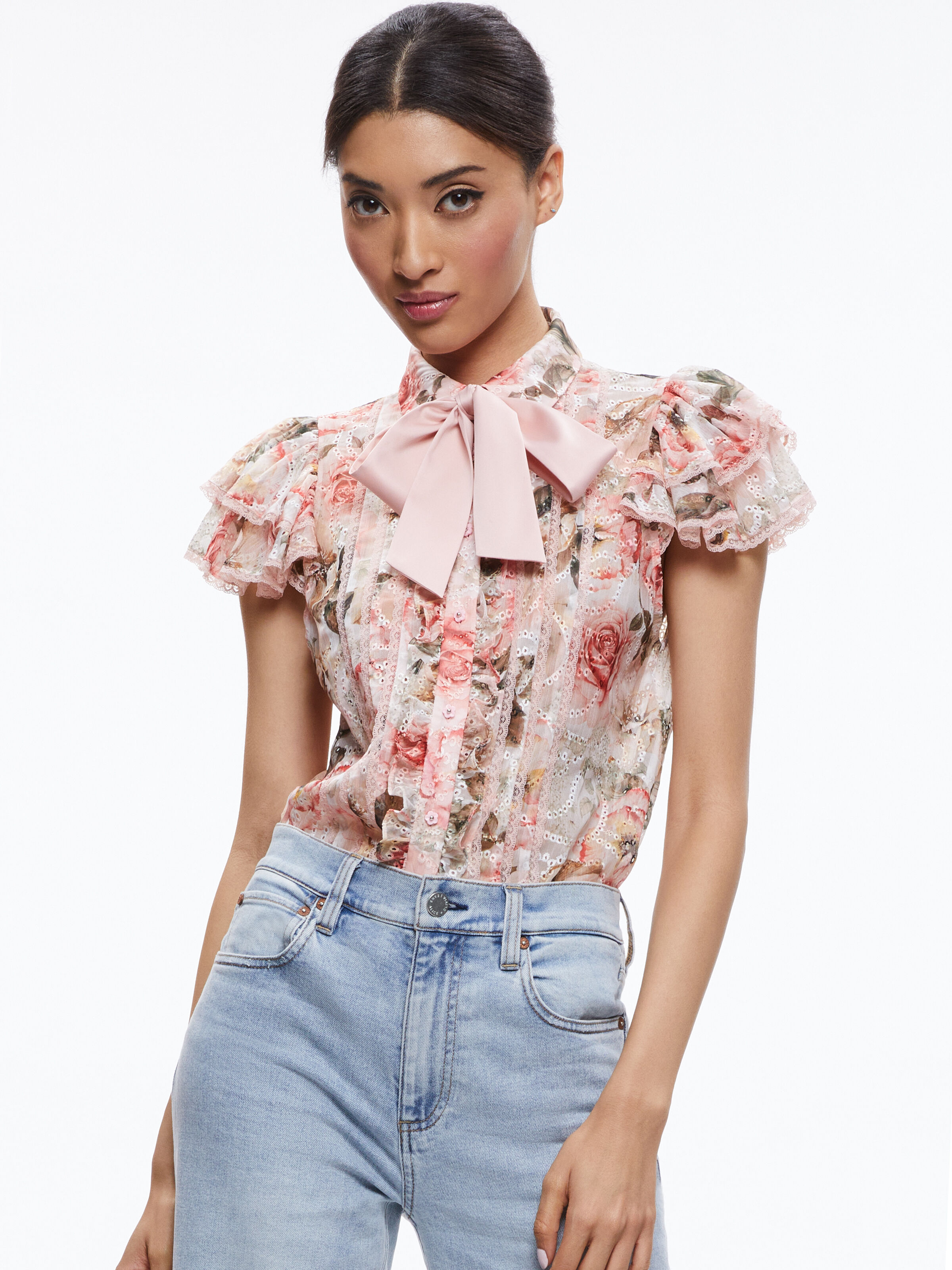 Minda Ruffle Sleeve Blouse With Tie Neck In Morningside