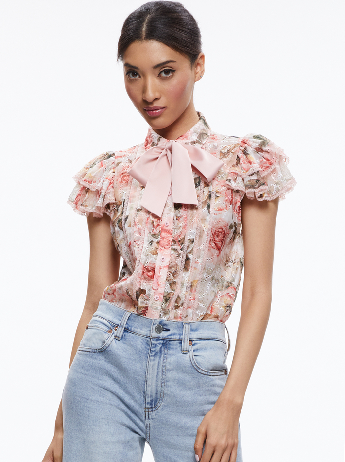 fornærme Kategori overførsel Minda Ruffle Sleeve Blouse With Tie Neck In Morningside Floral White |  Alice And Olivia
