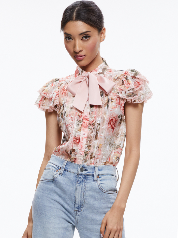 Self-tie Ruffle-Sleeve Blouse