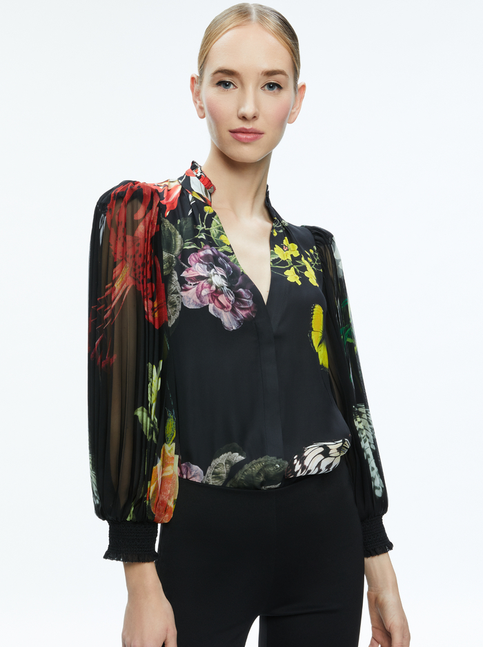 ILAN PLEATED BLOUSON SLEEVE BUTTON FRONT BLOUSE - ESSENTIAL FLORAL - Alice And Olivia