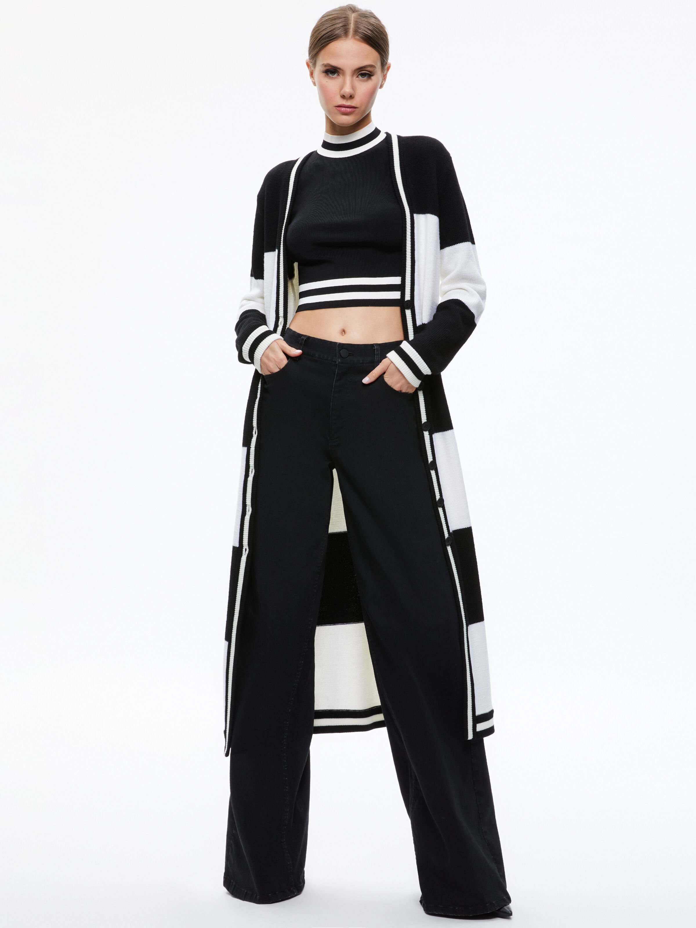 Bradford Striped Long Cardigan In Ecru black Stripe Alice Olivia