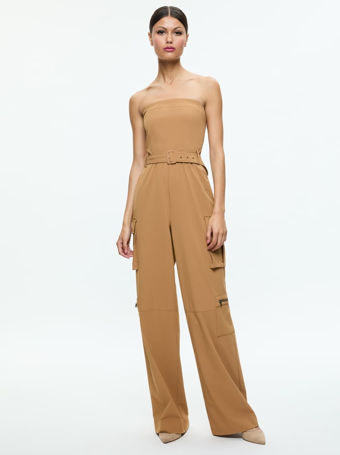SACHIKO STRAPLESS CARGO JUMPSUIT - TAN - Alice And Olivia