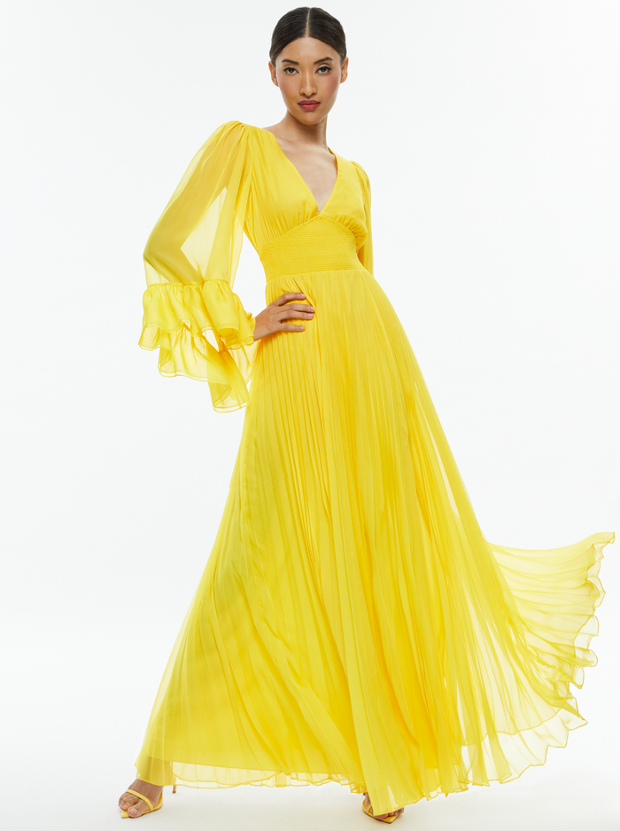 SELENE DEEP V NECK PLEATED MAXI DRESS - HAPPY YELLOW - Alice And Olivia