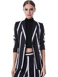 MACEY CUFFED SHAWL COLLAR BLAZER - MODERN VERTICAL STRIPE BLK/OWT