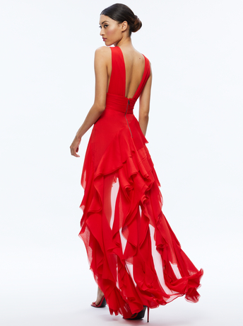BRIGHT RUBY-HOLLY ASYMMETRIC RUFFLE MAXI DRESS