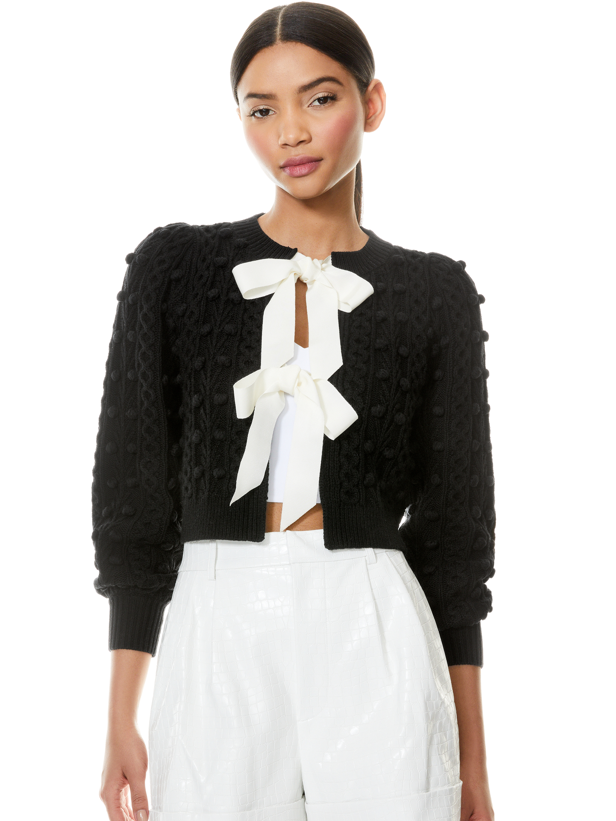 Kitty Puff Sleeve Cardigan In Black/soft White | Alice And Olivia