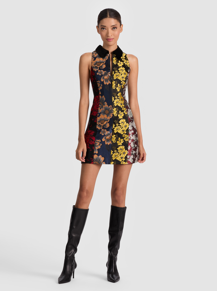 VELIA COLLARED MINI DRESS - BLACK/MULTI - Alice And Olivia