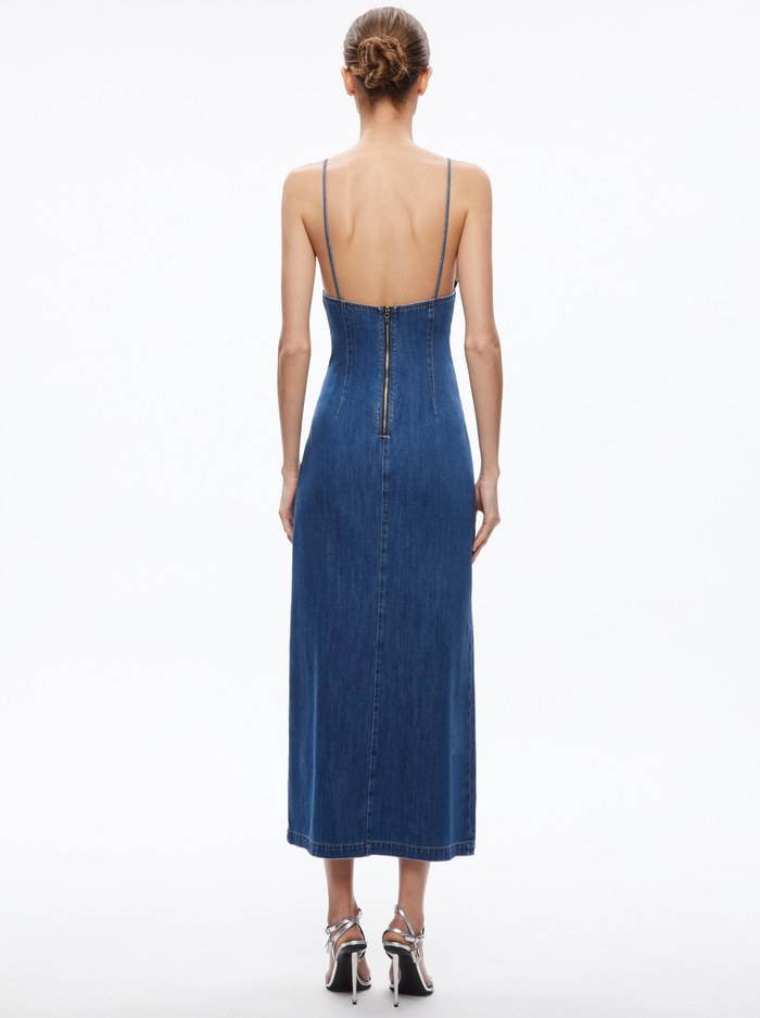 JULIETTA DENIM SLIP DRESS WITH SLIT - AVERY BLUE image 1 - Alice And Olivia