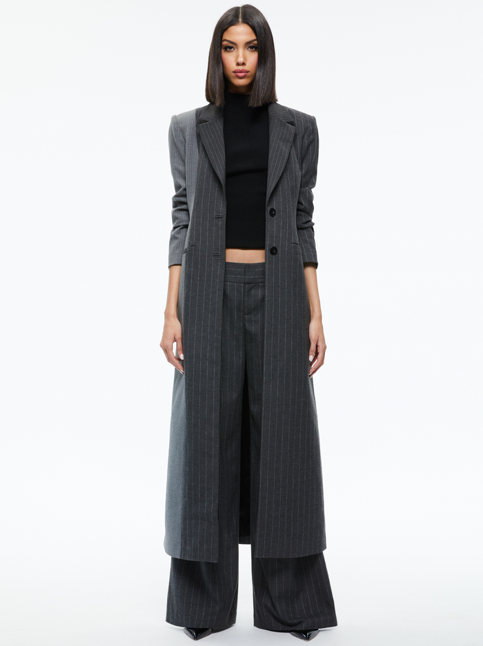 BRET LONG BLAZER - GREY/CHARCOAL PINSTRIPE - Alice And Olivia