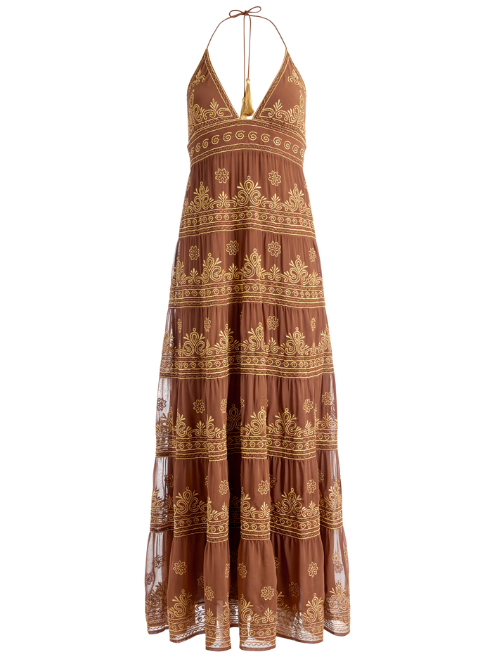 KAROLINA EMBROIDERED HALTER NECK MAXI DRESS - CAMEL/GOLD image 5 - Alice And Olivia