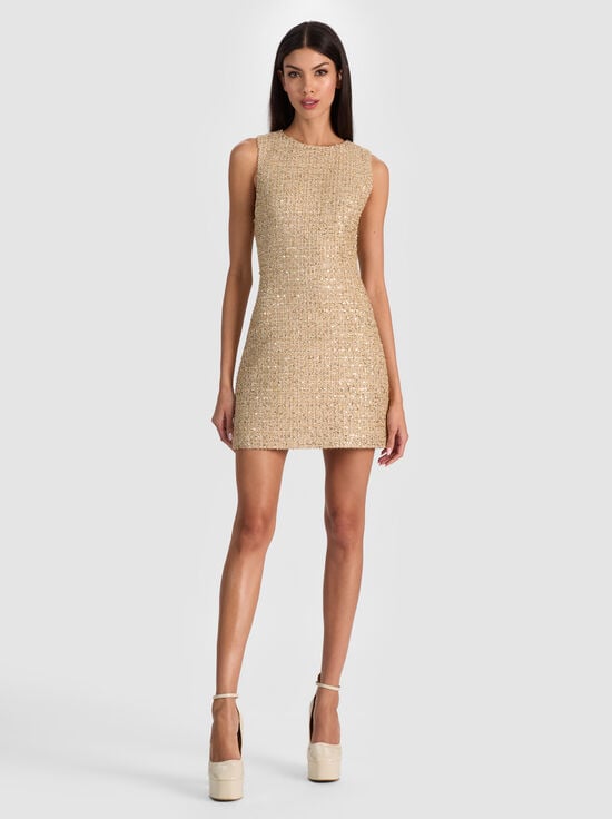 PALE GOLD-CADE EMBELLISHED TWEED MINI DRESS