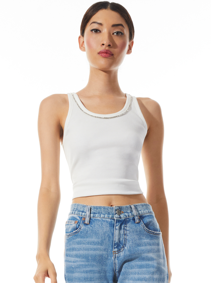 ALLEN EMBELLISHED NECK RIBBED TANK - OFF WHITE - Alice And Olivia