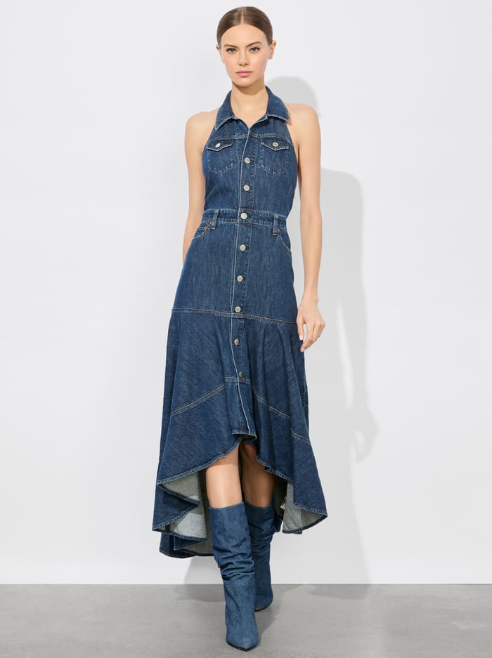 JUANA HIGH LOW DENIM DRESS - DARBY VINTAGE BLUE image 4 - Alice And Olivia