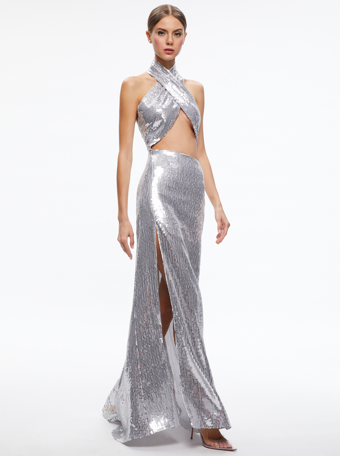 MAY HALTER NECK SEQUIN GOWN - SILVER - Alice And Olivia