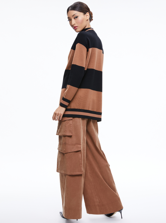 BARRY OVERSIZED V-NECK CARDIGAN - CAMEL/BLACK STRIPE image 1 - Alice And Olivia