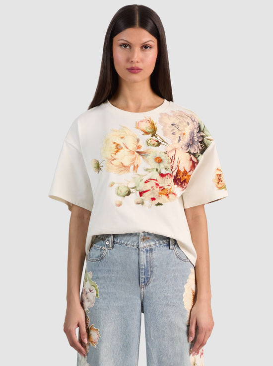 ECRU/MULTI-EVAN APPLIQUE OVERSIZED TEE