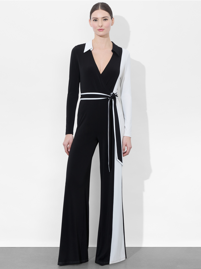 MELINDA COLORBLOCK JUMPSUIT - BLACK/OFF WHITE - Alice And Olivia