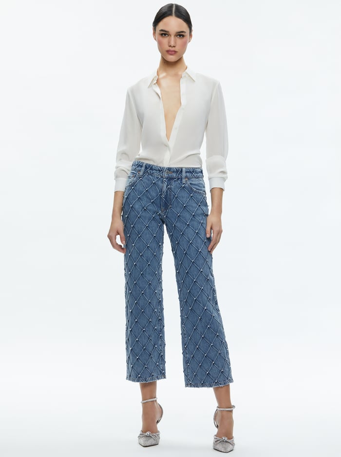 WEEZY QUILTED EMBELLISHED CROPPED MID RISE JEAN - LIGHT INDIGO image 2 - Alice And Olivia