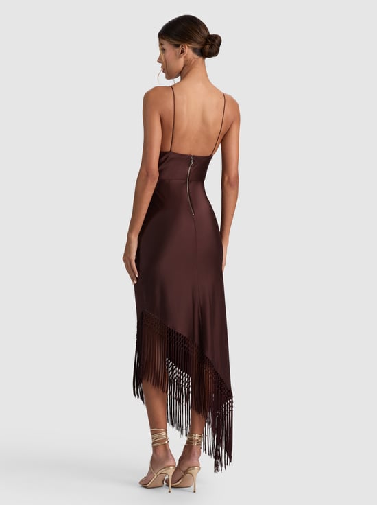 DARK CHOCOLATE-HARMONY ASYMMETRICAL FRINGE MAXI DRESS