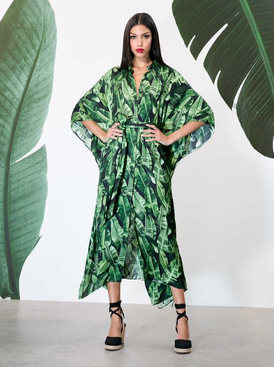 JUNGLE PALM BLACK-DEANNE MIDI SHIRT DRESS